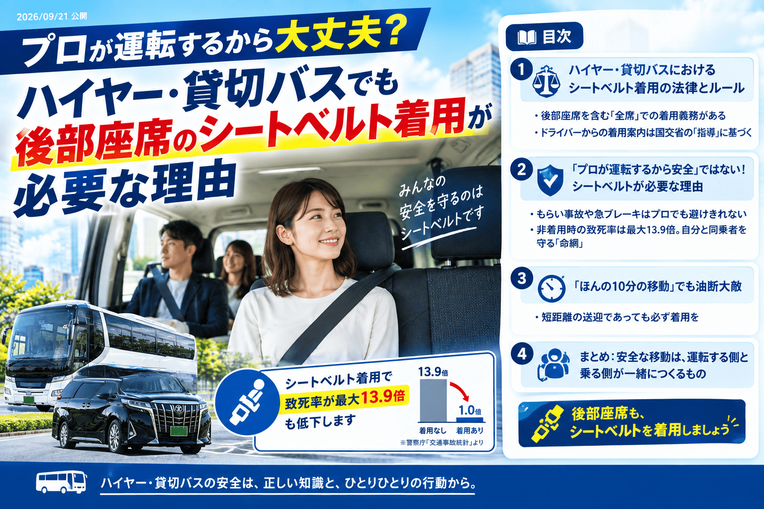 プロが運転するから大丈夫？ハイヤー・貸切バスでも後部座席のシートベルト着用が必要な理由